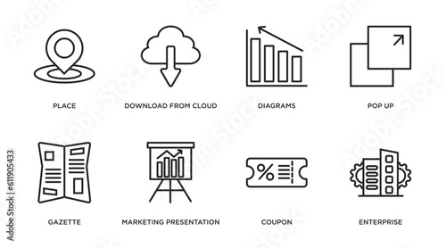 marketing outline icons set. thin line icons such as place, download from cloud, diagrams, pop up, gazette, marketing presentation, coupon, enterprise vector.