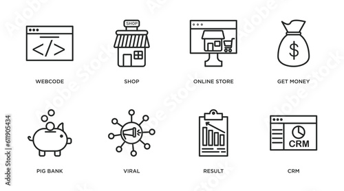 marketing outline icons set. thin line icons such as webcode, shop, online store, get money, pig bank, viral, result, crm vector.