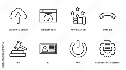 marketing outline icons set. thin line icons such as upload to cloud, velocity test, appreciation, banner, bid, id, off, content management vector.