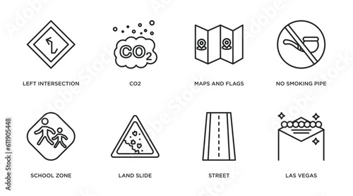 maps and flags outline icons set. thin line icons such as left intersection, co2, maps and flags, no smoking pipe, school zone, land slide, street, las vegas vector.