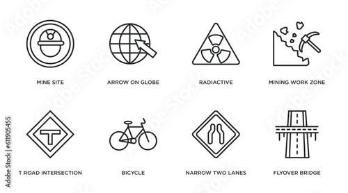 maps and flags outline icons set. thin line icons such as mine site, arrow on globe, radiactive, mining work zone, t road intersection, bicycle, narrow two lanes, flyover bridge vector.