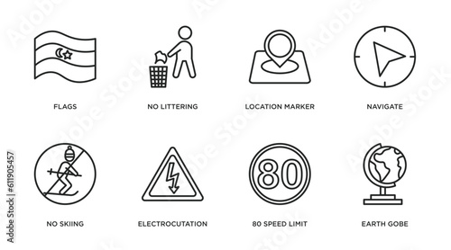 maps and flags outline icons set. thin line icons such as flags, no littering, location marker, navigate, no skiing, electrocutation danger, 80 speed limit, earth gobe vector.