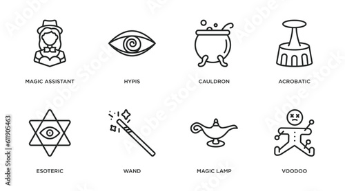 magic outline icons set. thin line icons such as magic assistant, hypis, cauldron, acrobatic, esoteric, wand, magic lamp, voodoo vector.