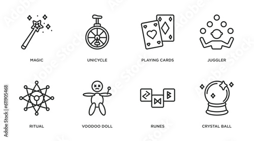 magic outline icons set. thin line icons such as magic, unicycle, playing cards, juggler, ritual, voodoo doll, runes, crystal ball vector.