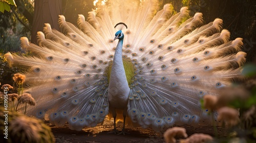 beautiful elegance white albino peacock spread it tail, Generative Ai