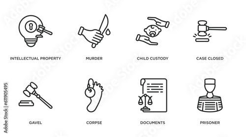 law and justice outline icons set. thin line icons such as intellectual property, murder, child custody, case closed, gavel, corpse, documents, prisoner vector.