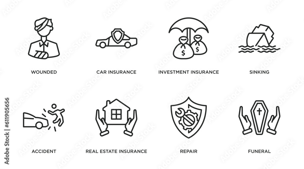 insurance outline icons set. thin line icons such as wounded, car insurance, investment insurance, sinking, accident, real estate repair, funeral vector.