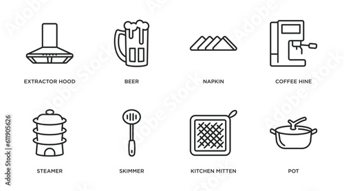 kitchen outline icons set. thin line icons such as extractor hood, beer, napkin, coffee hine, steamer, skimmer, kitchen mitten, pot vector.
