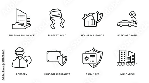 insurance outline icons set. thin line icons such as building insurance, slippery road, house insurance, parking crash, robbery, luggage bank safe, inundation vector.