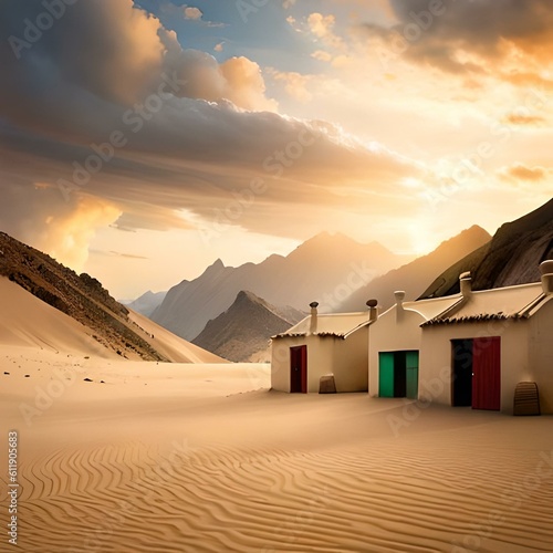 sunset in the desert . houses in the mountains . mosque in the desert . 