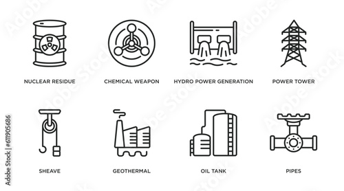industry outline icons set. thin line icons such as nuclear residue, chemical weapon, hydro power generation, power tower, sheave, geothermal, oil tank, pipes vector.