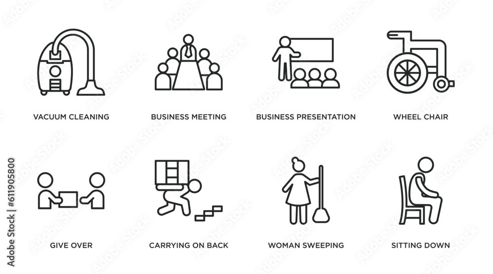 humans outline icons set. thin line icons such as vacuum cleaning, business meeting, business presentation, wheel chair, give over, carrying on back, woman sweeping, sitting down vector. humans outline icons set. thin line icons such as vacuum cleaning, business meeting, business presentation, wheel chair, give over, carrying on back, woman sweeping, sitting down vector.