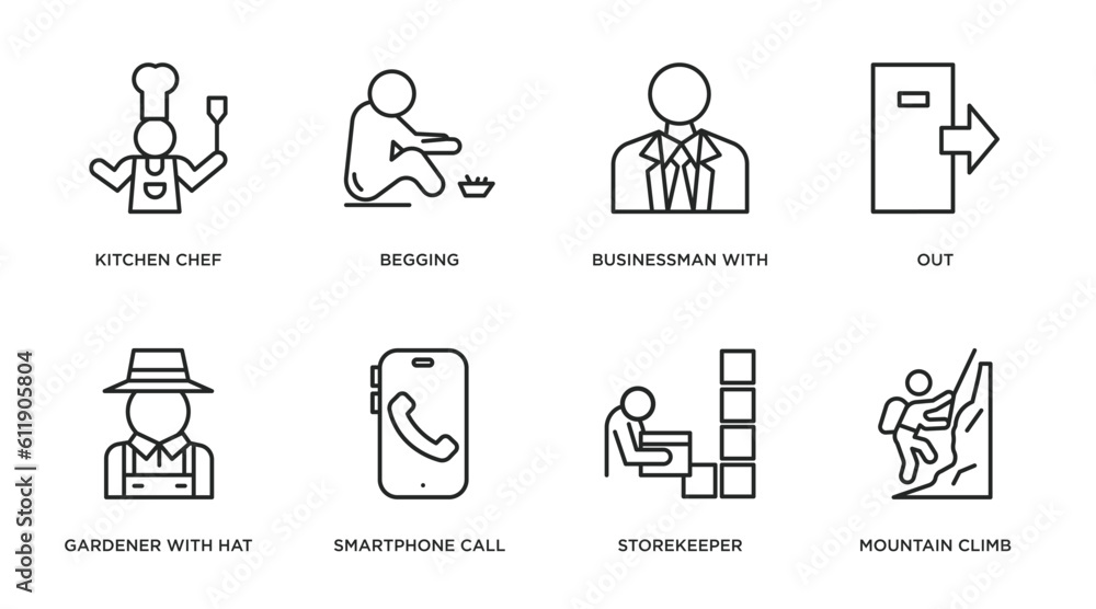 humans outline icons set. thin line icons such as kitchen chef, begging, businessman with tie, out, gardener with hat, smartphone call, storekeeper, mountain climb vector. humans outline icons set. thin line icons such as kitchen chef, begging, businessman with tie, out, gardener with hat, smartphone call, storekeeper, mountain climb vector.