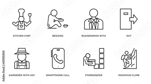 humans outline icons set. thin line icons such as kitchen chef, begging, businessman with tie, out, gardener with hat, smartphone call, storekeeper, mountain climb vector.
