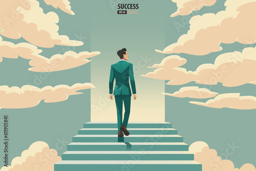 Businessman walking up and stepping the stair to success and goal achievement. Vector Illustration