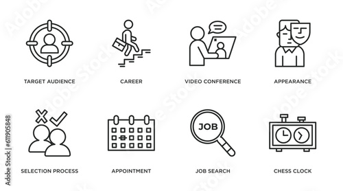 human resources outline icons set. thin line icons such as target audience, career, video conference, appearance, selection process, appointment, job search, chess clock vector.