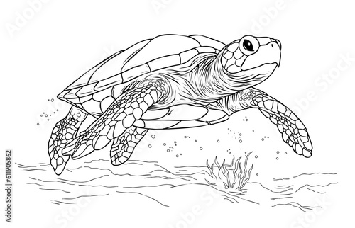 Coloring page turtle.Coloring page life in the ocean with algae.