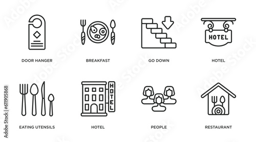 hotel and restaurant outline icons set. thin line icons such as door hanger, breakfast, go down, hotel, eating utensils, hotel, people, restaurant vector.