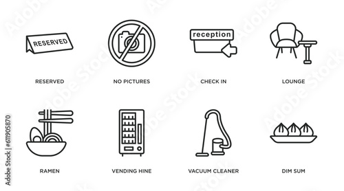 hotel and restaurant outline icons set. thin line icons such as reserved, no pictures, check in, lounge, ramen, vending hine, vacuum cleaner, dim sum vector.
