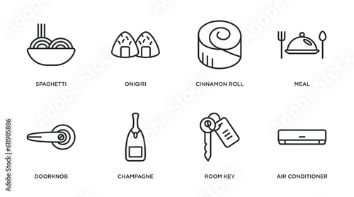 hotel and restaurant outline icons set. thin line icons such as spaghetti, onigiri, cinnamon roll, meal, doorknob, champagne, room key, air conditioner vector.