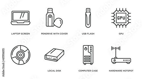 hardware outline icons set. thin line icons such as laptop screen, pendrive with cover, usb flash, gpu, , local disk, computer case, hardware hotspot vector.