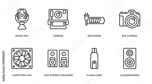 hardware outline icons set. thin line icons such as radio mic, camera, recharge, big camera, computer fan, two stereo speakers, flash card, loudspeakers vector.