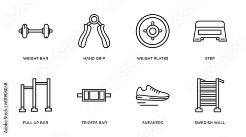 gym equipment outline icons set. thin line icons such as weight bar, hand grip, weight plates, step, pull up bar, triceps bar, sneakers, swedish wall vector.