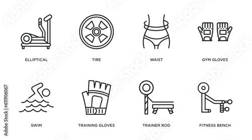 gym equipment outline icons set. thin line icons such as elliptical, tire, waist, gym gloves, swim, training gloves, trainer rod, fitness bench vector.