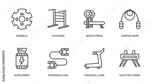 gym equipment outline icons set. thin line icons such as barrels, gym bars, bench press, jumping rope, supplement, strandpulling, treadmill hine, vaulting horse vector.