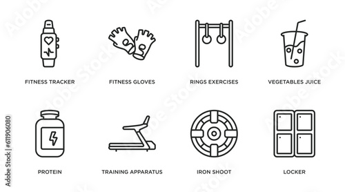 gym and fitness outline icons set. thin line icons such as fitness tracker, fitness gloves, rings exercises, vegetables juice, protein, training apparatus, iron shoot, locker vector.
