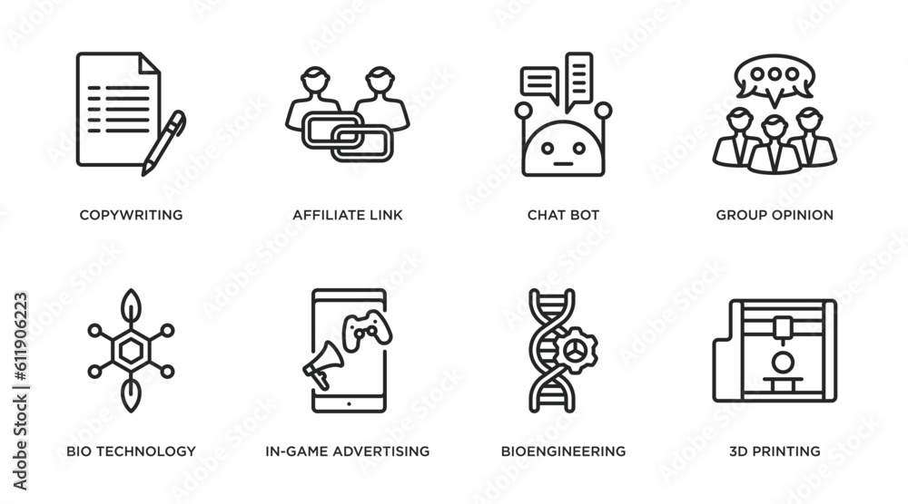 general outline icons set. thin line icons such as copywriting, affiliate link, chat bot, group opinion, bio technology, in-game advertising, bioengineering, 3d printing vector. general outline icons set. thin line icons such as copywriting, affiliate link, chat bot, group opinion, bio technology, in-game advertising, bioengineering, 3d printing vector.