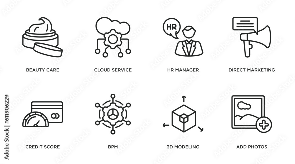 general outline icons set. thin line icons such as beauty care, cloud service, hr manager, direct marketing, credit score, bpm, 3d modeling, add photos vector. general outline icons set. thin line icons such as beauty care, cloud service, hr manager, direct marketing, credit score, bpm, 3d modeling, add photos vector.