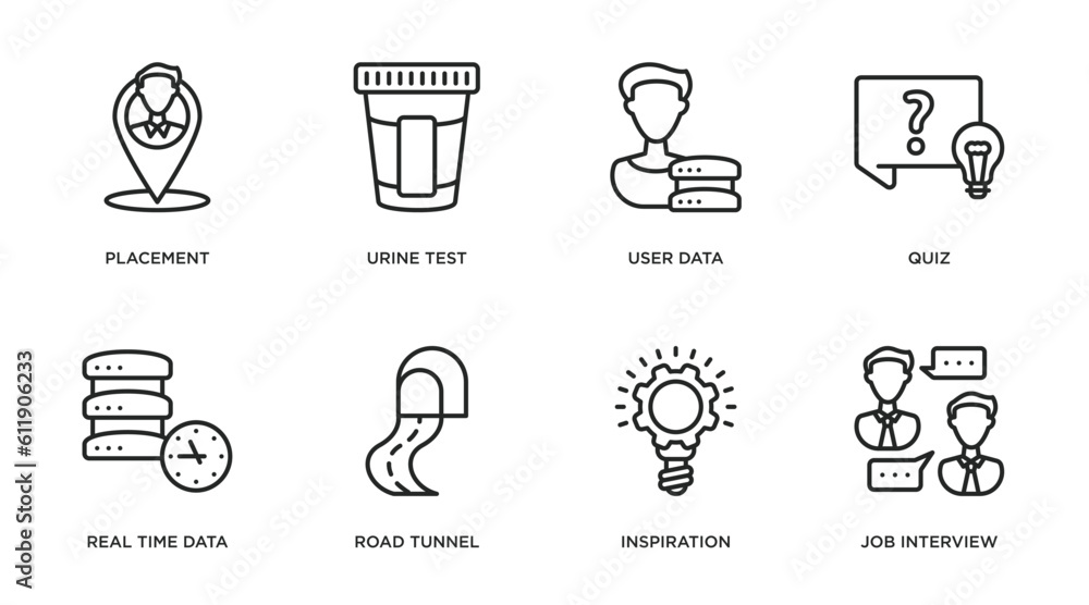 general outline icons set. thin line icons such as placement, urine test, user data, quiz, real time data, road tunnel, inspiration, job interview vector. general outline icons set. thin line icons such as placement, urine test, user data, quiz, real time data, road tunnel, inspiration, job interview vector.