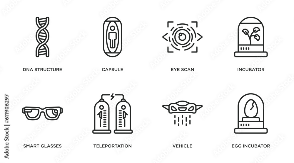 future technology outline icons set. thin line icons such as dna structure, capsule, eye scan, incubator, smart glasses, teleportation, vehicle, egg incubator vector. - obrazy, fototapety, plakaty 