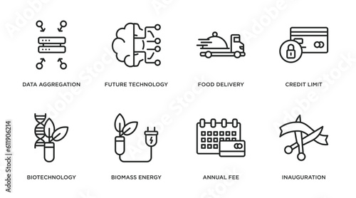 general outline icons set. thin line icons such as data aggregation, future technology, food delivery, credit limit, biotechnology, biomass energy, annual fee, inauguration vector.