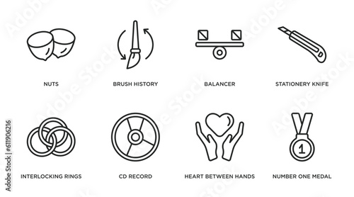 general outline icons set. thin line icons such as nuts  brush history  balancer  stationery knife  interlocking rings  cd record  heart between hands  number one medal vector.