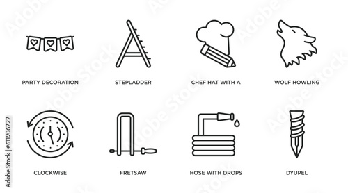 general outline icons set. thin line icons such as party decoration, stepladder, chef hat with a pencil, wolf howling, clockwise, fretsaw, hose with drops, dyupel vector.