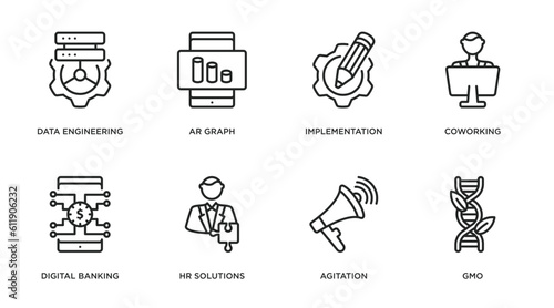 general outline icons set. thin line icons such as data engineering, ar graph, implementation, coworking, digital banking, hr solutions, agitation, gmo vector.