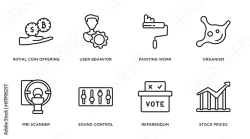 general outline icons set. thin line icons such as initial coin offering, user behavior, painting work, organism, mri scanner, sound control, referendum, stock prices vector. photo