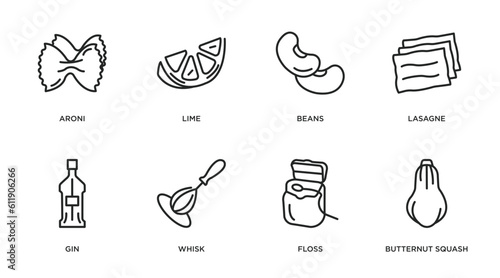 gastronomy outline icons set. thin line icons such as aroni, lime, beans, lasagne, gin, whisk, floss, butternut squash vector.