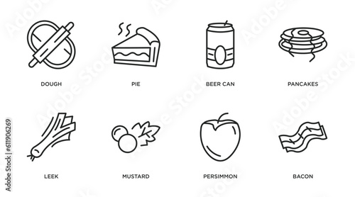 gastronomy outline icons set. thin line icons such as dough, pie, beer can, pancakes, leek, mustard, persimmon, bacon vector.