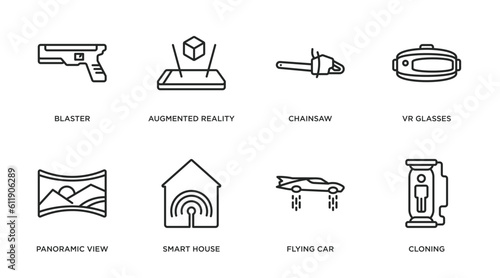 future technology outline icons set. thin line icons such as blaster, augmented reality, chainsaw, vr glasses, panoramic view, smart house, flying car, cloning vector.