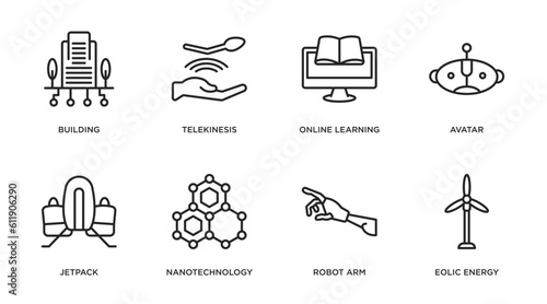 future technology outline icons set. thin line icons such as building, telekinesis, online learning, avatar, jetpack, nanotechnology, robot arm, eolic energy vector.