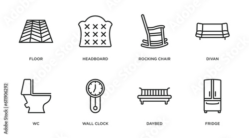 furniture & household outline icons set. thin line icons such as floor, headboard, rocking chair, divan, wc, wall clock, daybed, fridge vector.