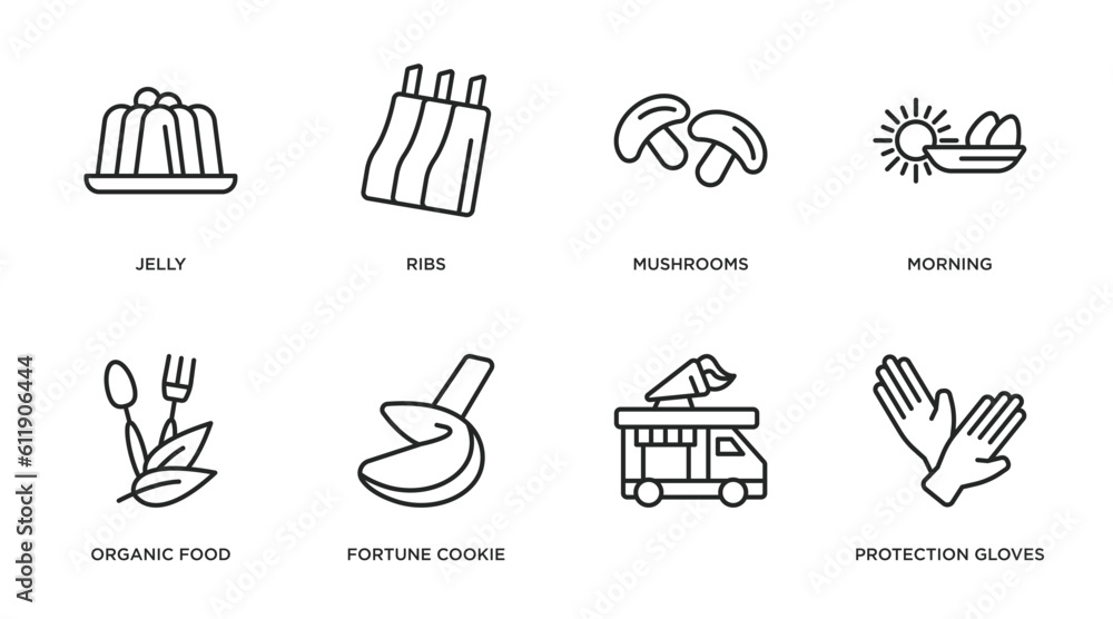 food outline icons set. thin line icons such as jelly, ribs, mushrooms, morning, organic food, fortune cookie, , protection gloves vector. food outline icons set. thin line icons such as jelly, ribs, mushrooms, morning, organic food, fortune cookie, , protection gloves vector.