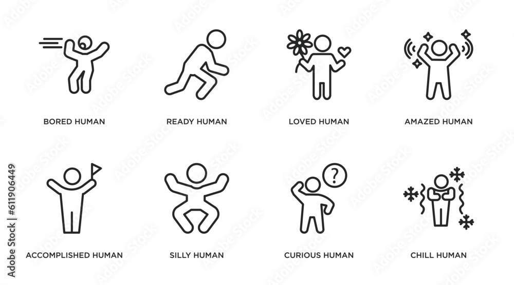 feelings outline icons set. thin line icons such as bored human, ready human, loved human, amazed accomplished silly curious chill vector.