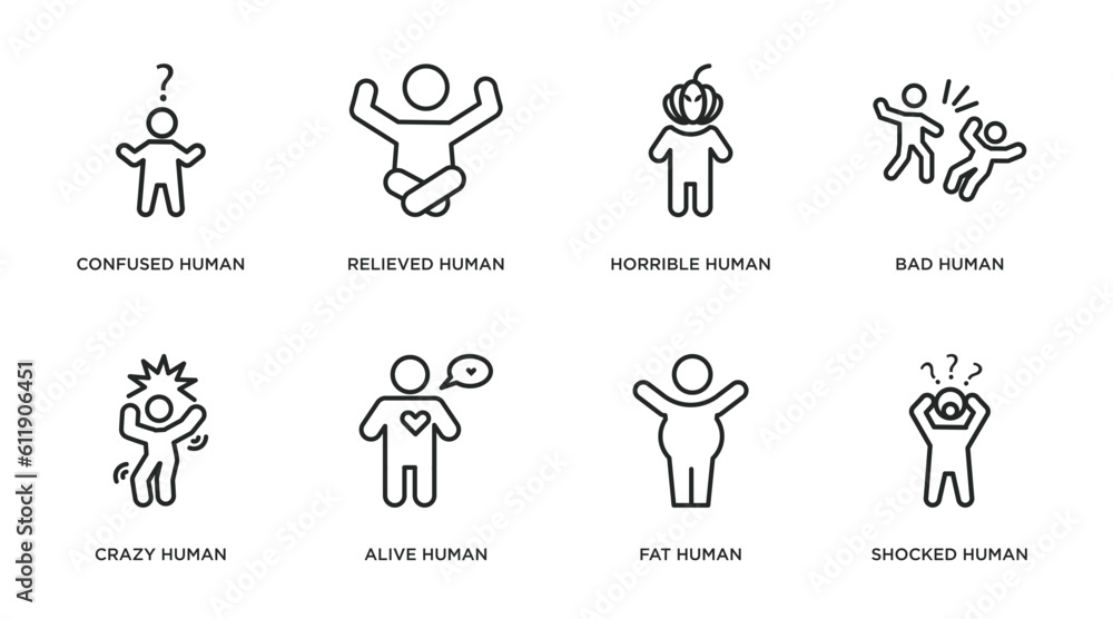 feelings outline icons set. thin line icons such as confused human, relieved human, horrible human, bad crazy alive fat shocked vector.