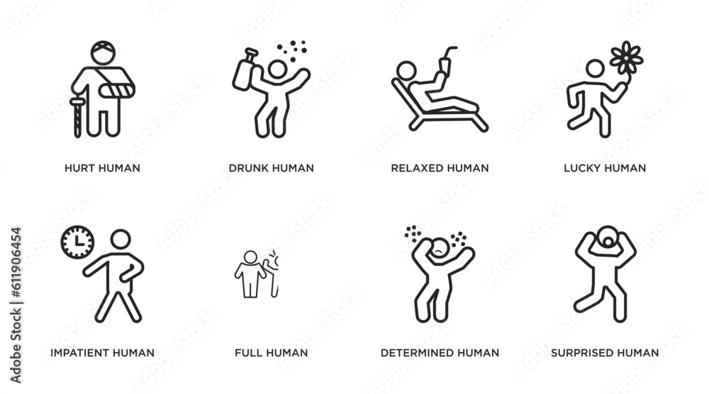 feelings outline icons set. thin line icons such as hurt human, drunk human, relaxed human, lucky impatient full determined surprised vector.
