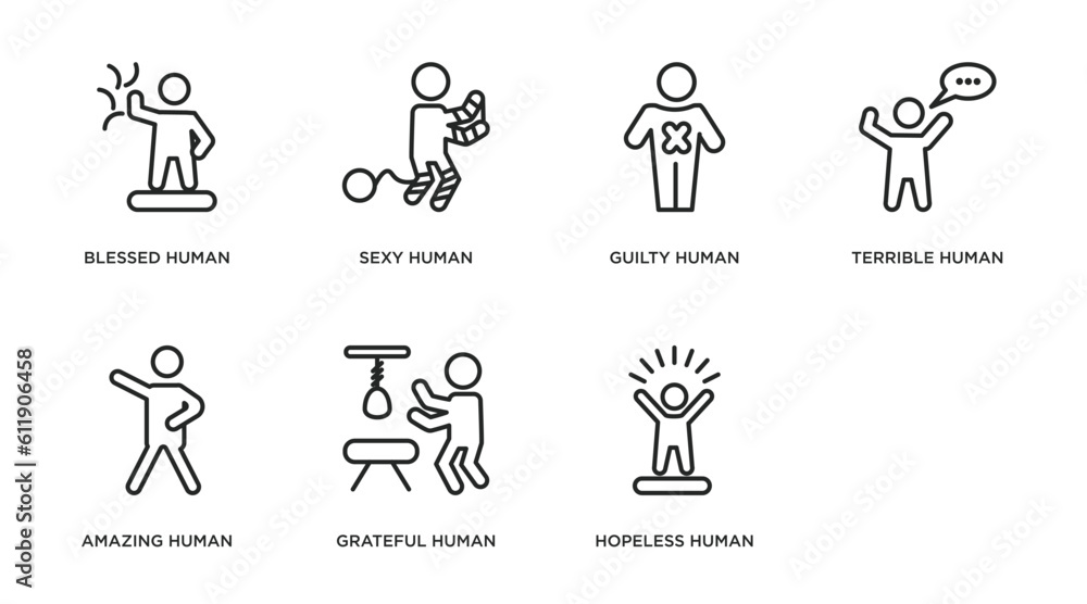 feelings outline icons set. thin line icons such as blessed human, sexy human, guilty human, terrible amazing grateful hopeless confident vector. feelings outline icons set. thin line icons such as blessed human, sexy human, guilty human, terrible amazing grateful hopeless confident vector.