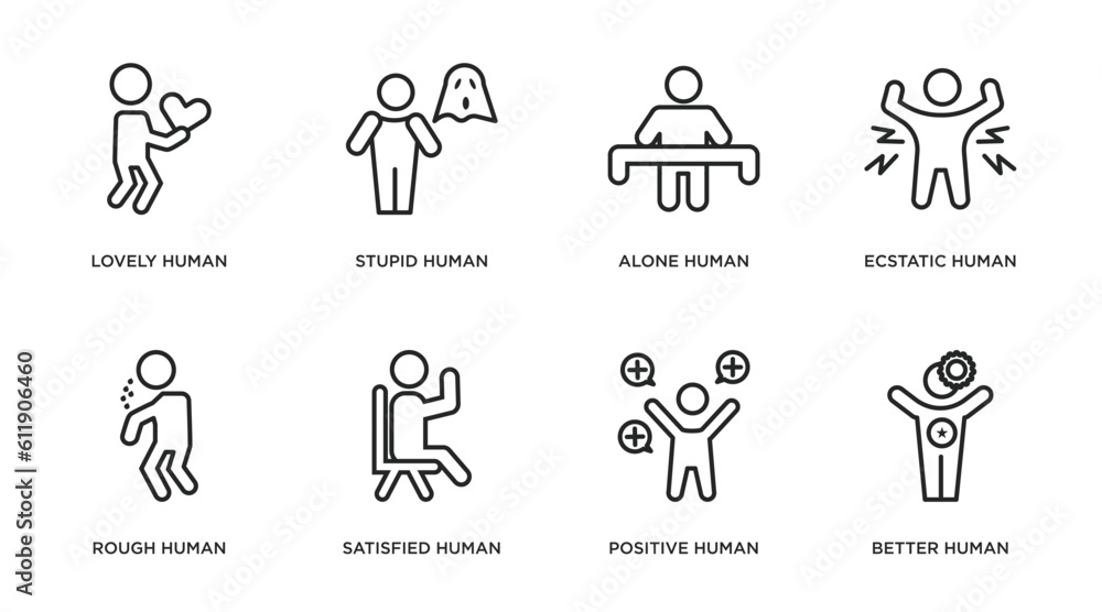 feelings outline icons set. thin line icons such as lovely human, stupid human, alone human, ecstatic rough satisfied positive better vector. feelings outline icons set. thin line icons such as lovely human, stupid human, alone human, ecstatic rough satisfied positive better vector.